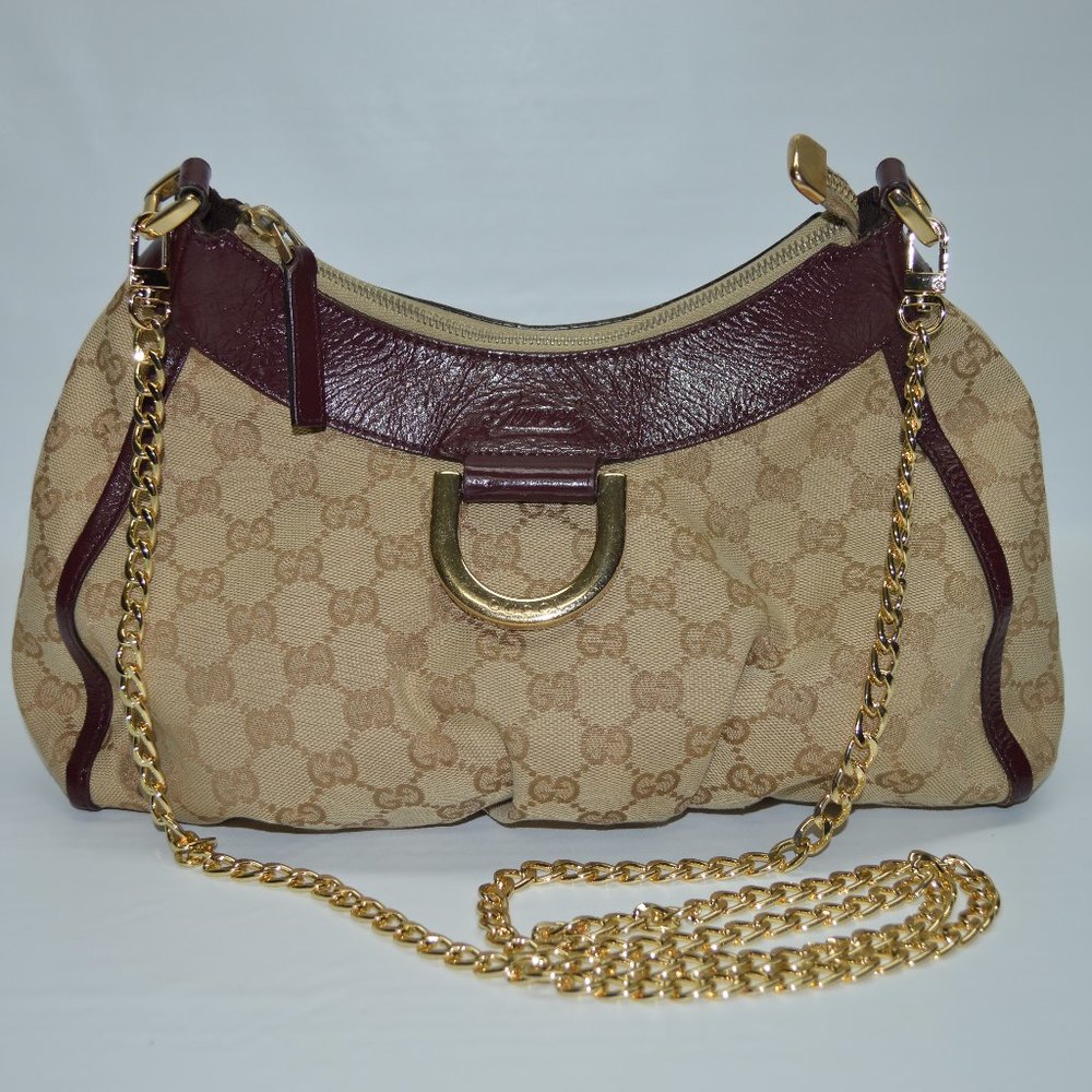 Gucci Beige Monogram Canvas Hobo with Brown Trim and Gold Chain